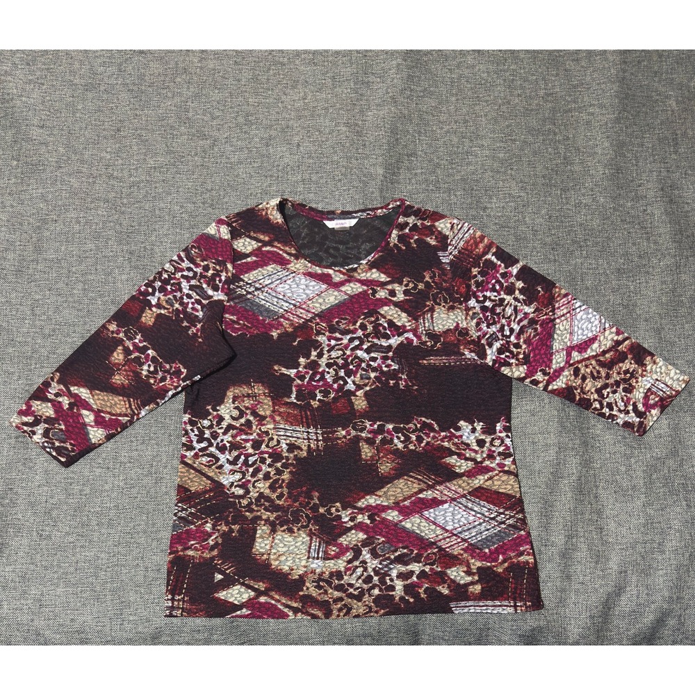 Alia Women's Large Top 3/4 Sleeve Multi-Color Animal Print Plaid Textured
